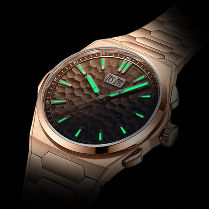 Luminous hands glowing in the dark on Lucky Harvey Hammered Dial Men’s Automatic Watch