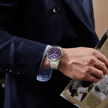 Wrist shot showing Lucky Harvey Hammered Dial purple version on wrist with magazine