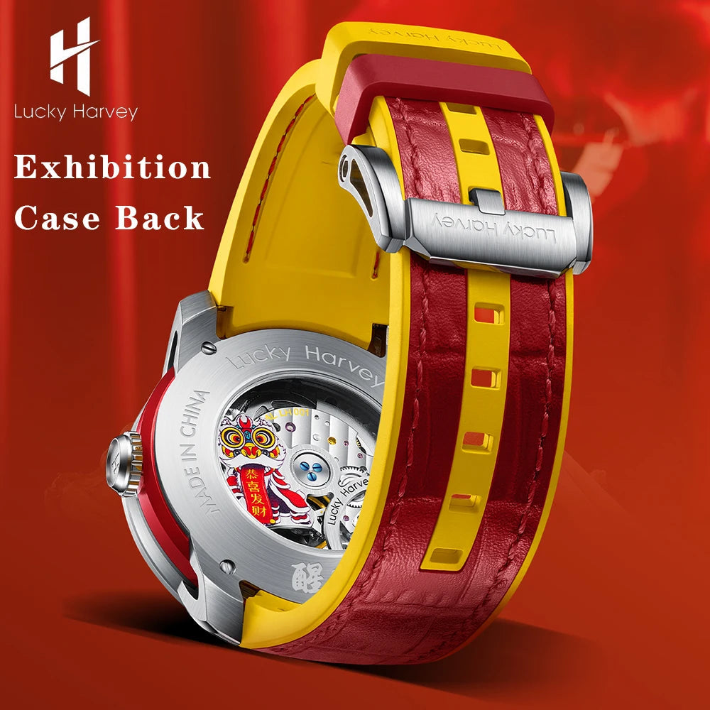 Exhibition case back of Lucky Harvey Lion Automatic Mechanical Watch showing open movement