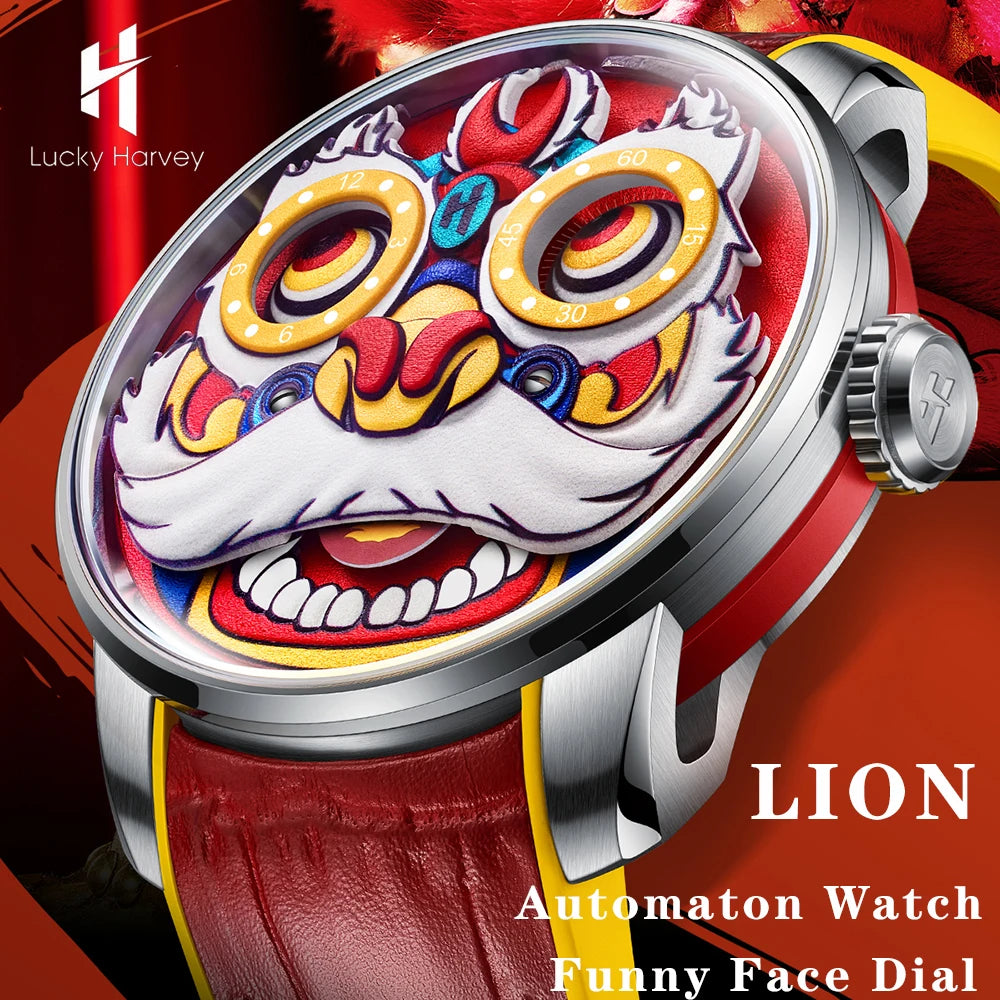 Lucky Harvey Lion Automatic Mechanical Watch funny face dial red edition side profile