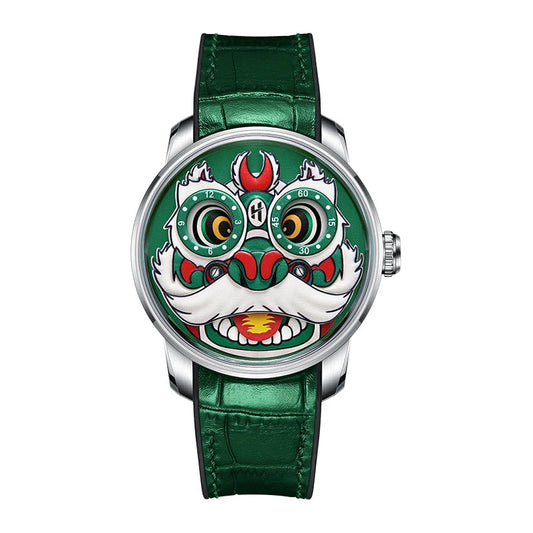 Lucky Harvey Lion Automatic Mechanical Watch green dial front view showing lion face design