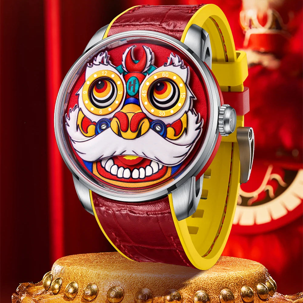 Lucky Harvey Lion Automatic Mechanical Watch red dial on display against festive red background