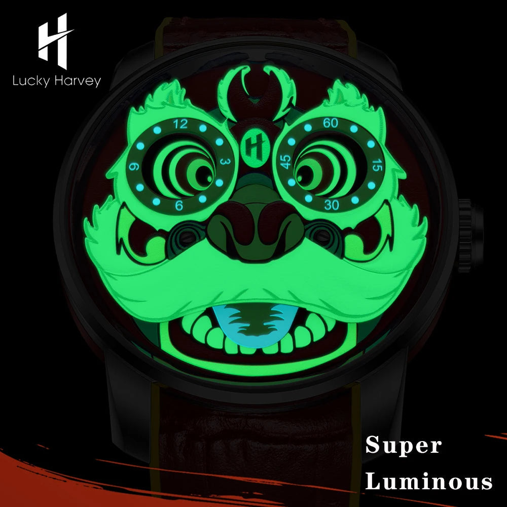 Luminous glow of Lucky Harvey Lion Automatic Mechanical Watch in the dark