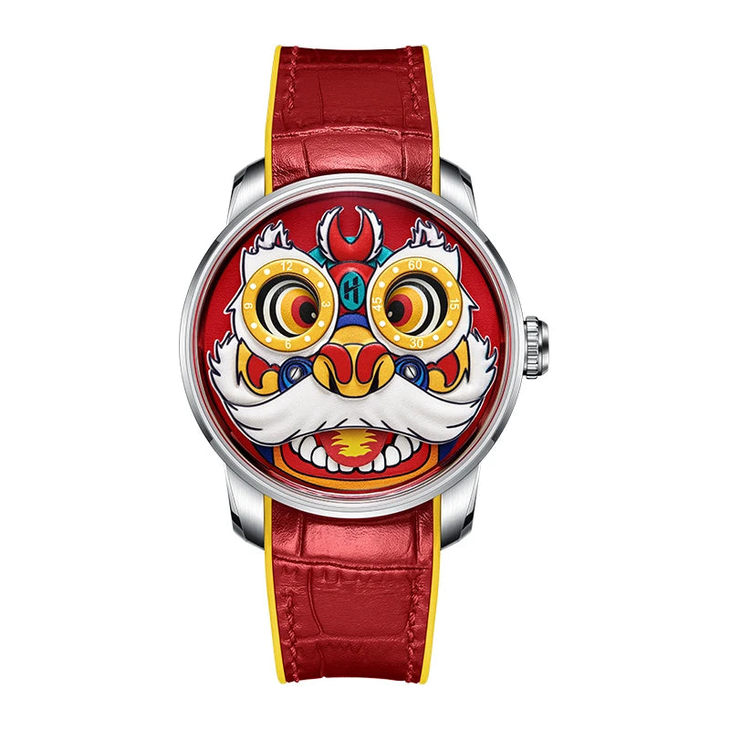 Lucky Harvey Lion Automatic Mechanical Watch red dial version front view with animated lion eyes