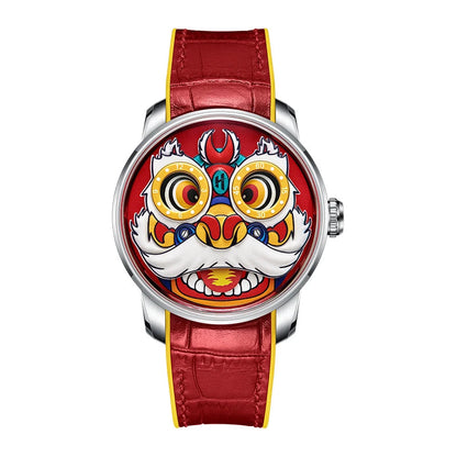 Lucky Harvey Lion Automatic Mechanical Watch red dial version front view with animated lion eyes