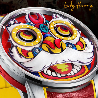 Lucky Harvey Lion Automatic Mechanical Watch sapphire crystal macro detail on colorful lion dial