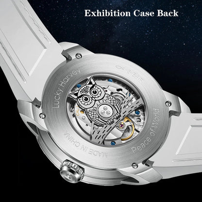 Exhibition case back of Lucky Harvey Owl Automatic Mechanical Watch showing engraved rotor
