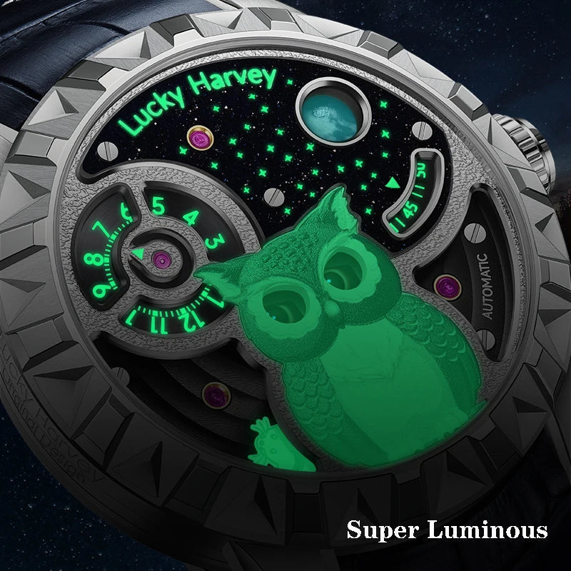 Luminous glow of Lucky Harvey Owl Automatic Mechanical Watch showing green illumination in the dark