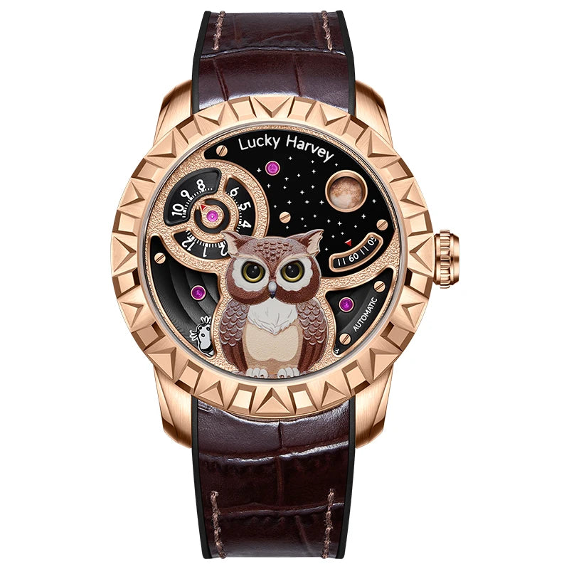 Lucky Harvey Owl Automatic Mechanical Watch rose gold version front view with owl dial and sapphire crystal