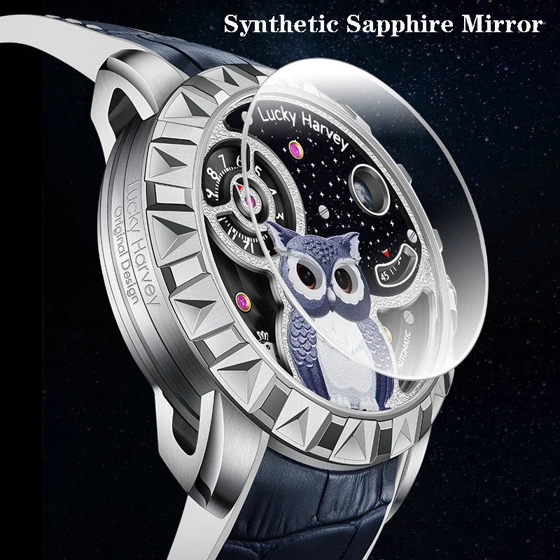 Close-up of Lucky Harvey Owl Automatic Mechanical Watch sapphire crystal curved glass