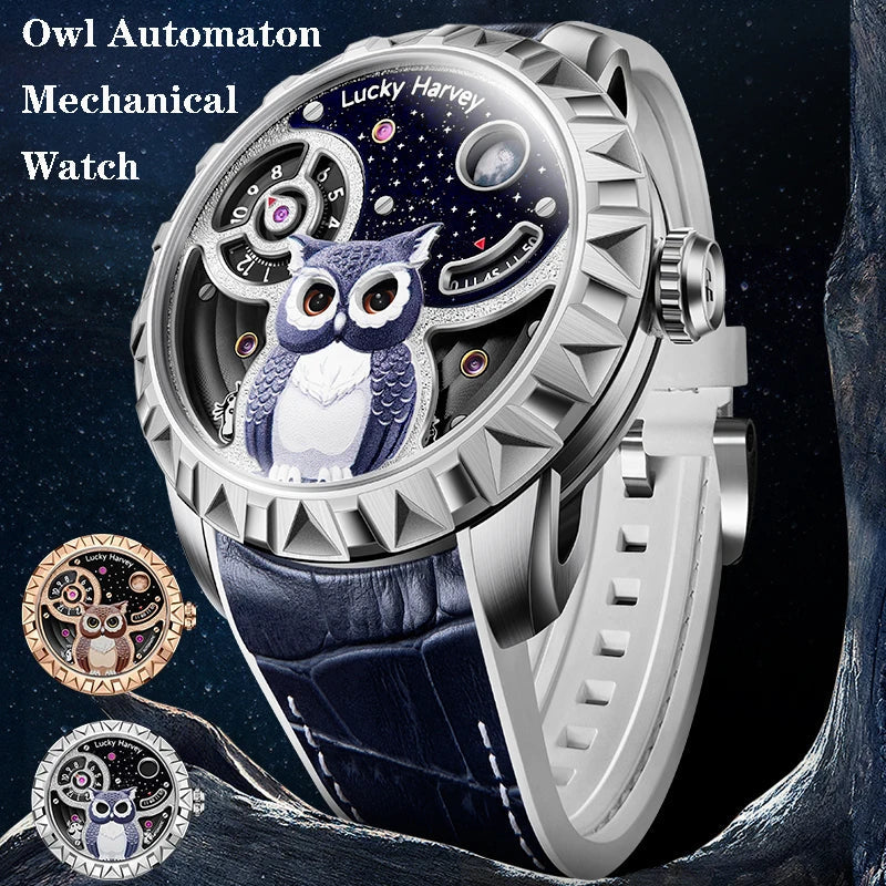 Side profile of Lucky Harvey Owl Automatic Mechanical Watch showing steel bezel and 3D owl dial