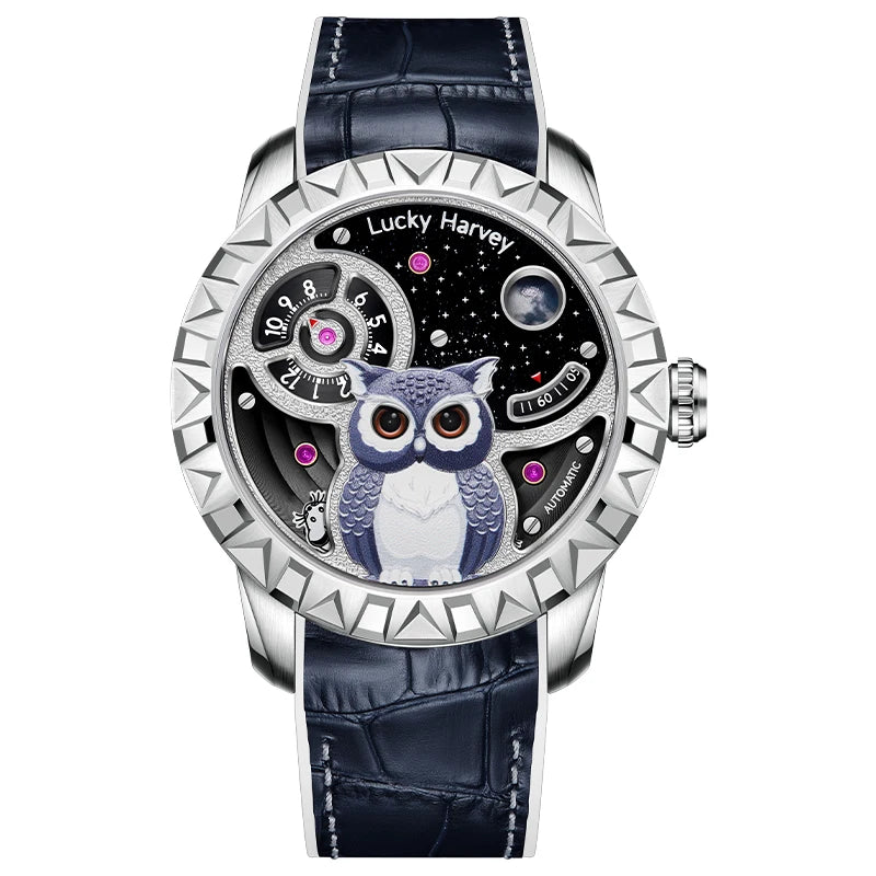 Lucky Harvey Owl Automatic Mechanical Watch silver version front view with blue leather strap