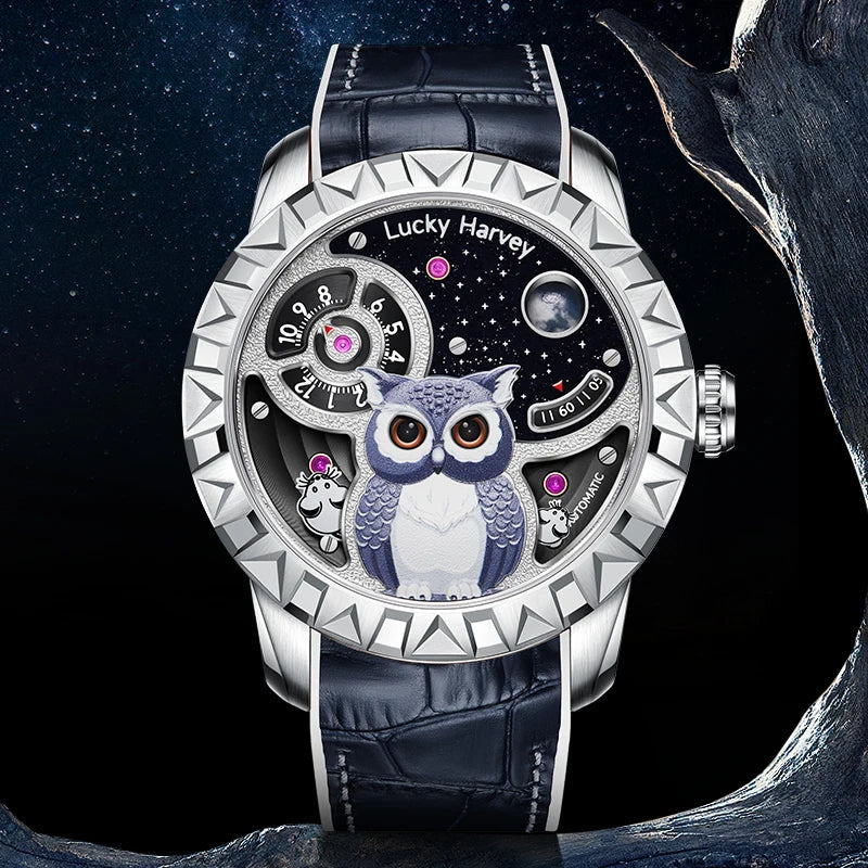 Lucky Harvey Owl Automatic Mechanical Watch displayed against starry night background