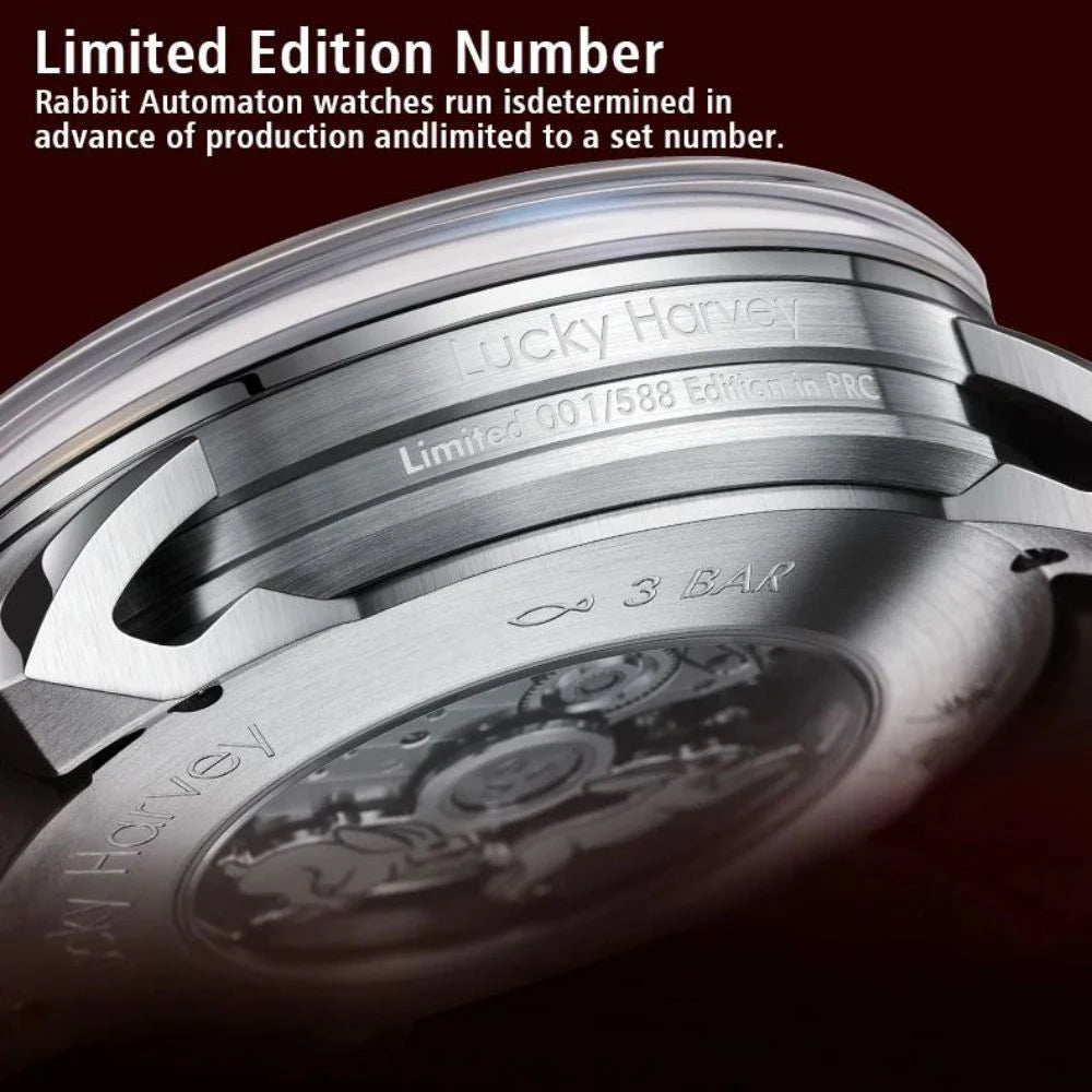 Exhibition case back showing automatic movement of Lucky Harvey Rabbit Watch