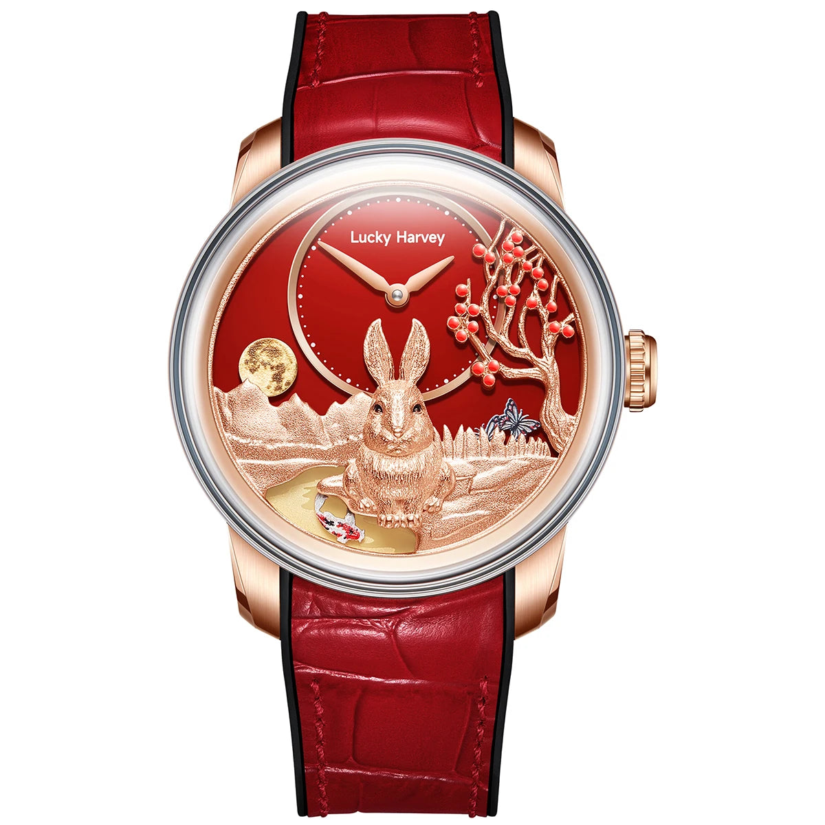 Lucky Harvey Rabbit Automatic Mechanical Watch gold case with brown strap
