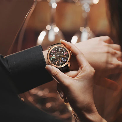 Lifestyle wrist shot of Lucky Harvey San Gong Men’s Automatic Mechanical Watch gold dial