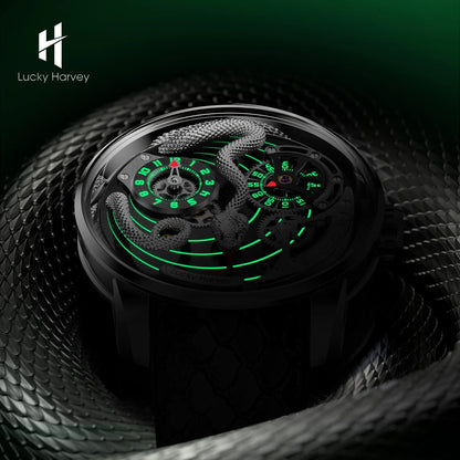 Exhibition back view showing mechanical movement of Lucky Harvey Snake Watch