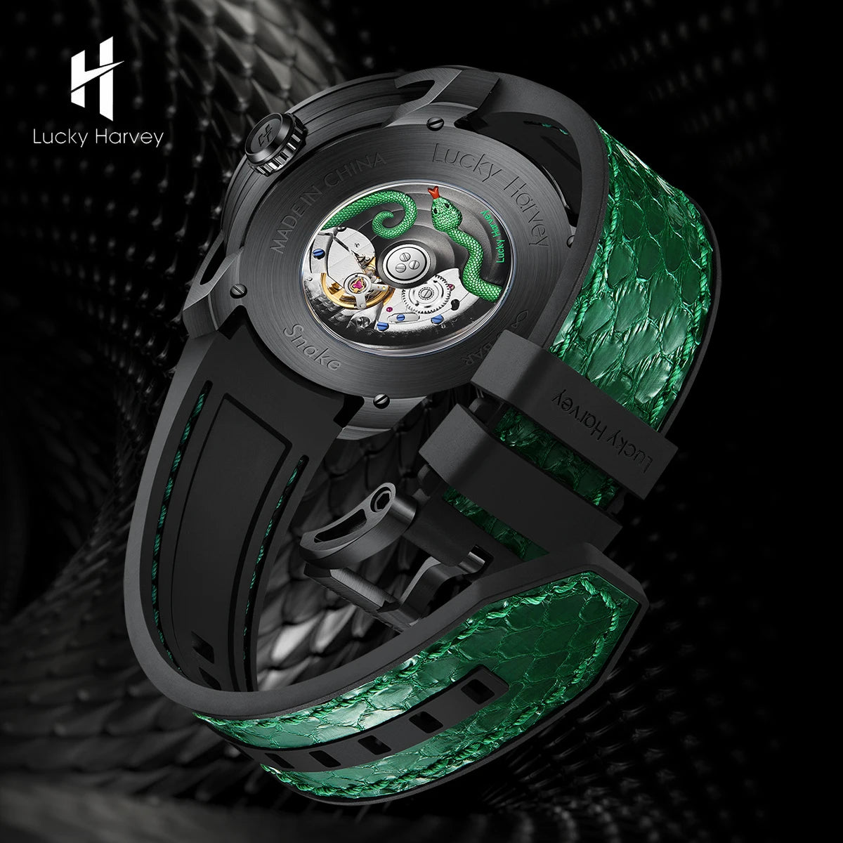 Lucky Harvey Snake Automatic Mechanical Watch gold case with brown strap