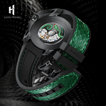 Lucky Harvey Snake Automatic Mechanical Watch gold case with brown strap