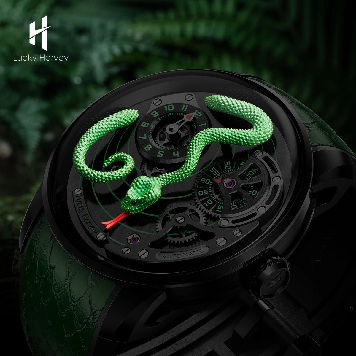 Side profile showing 3D snake dial and sapphire dome of Lucky Harvey Snake Watch
