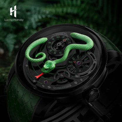 Side profile showing 3D snake dial and sapphire dome of Lucky Harvey Snake Watch