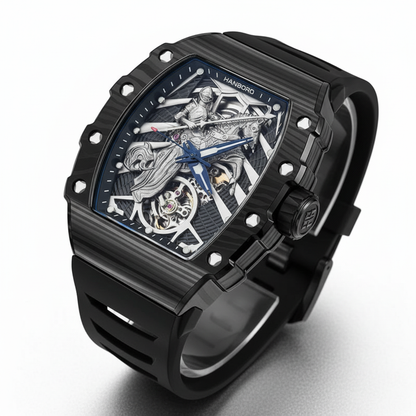Luxury black watch with intricate design on a white background