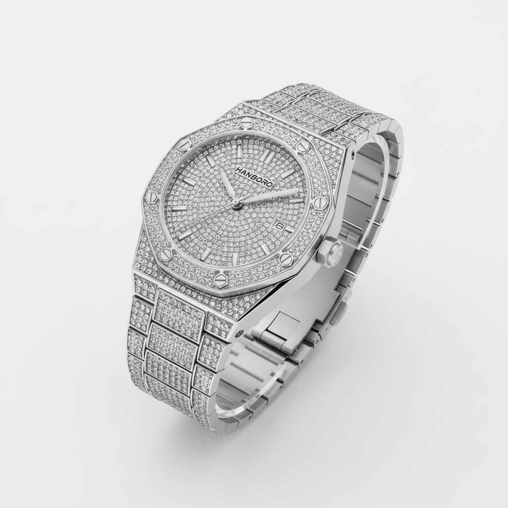 Luxury silver watch with diamond-studded face and band on a light gray background