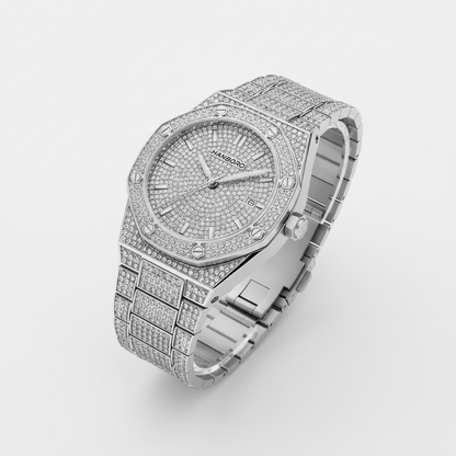 Luxury silver watch with diamond-studded face and band on a light gray background