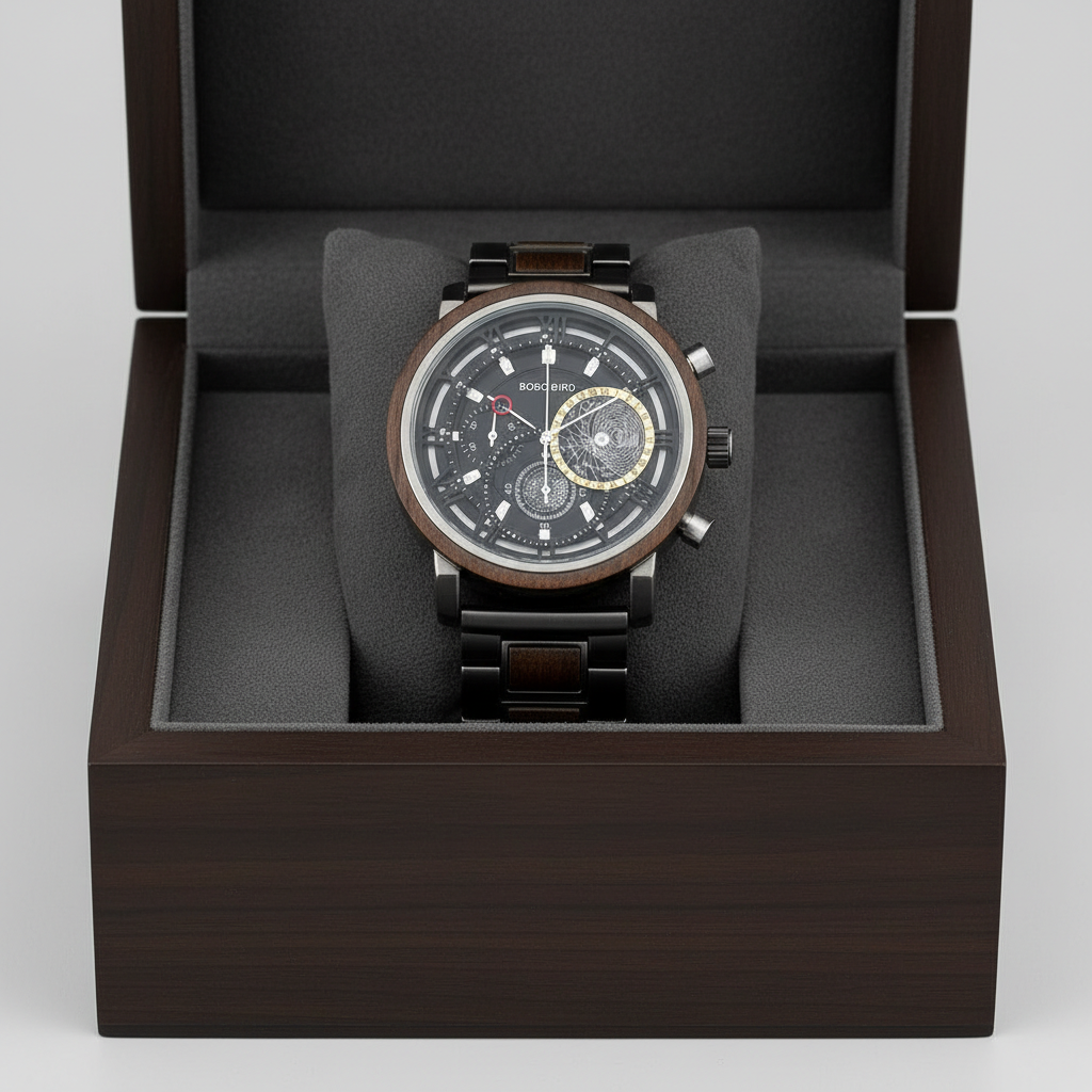 Luxury watch in a dark wooden box with gray interior