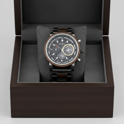 Luxury watch in a dark wooden box with gray interior