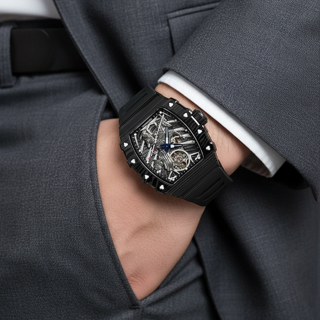 Luxury watch on a person's wrist with a suit background