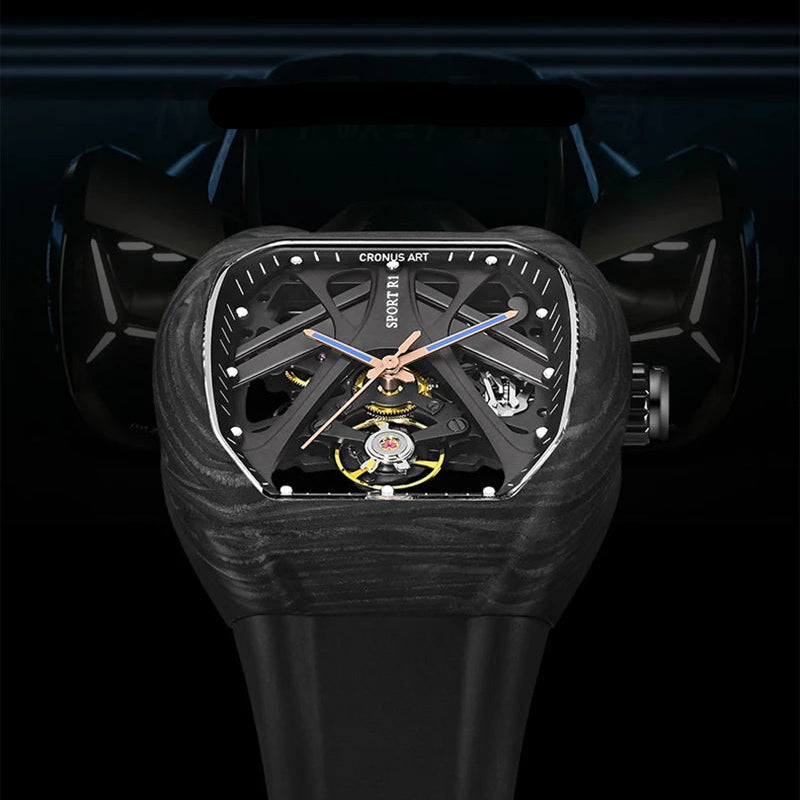 Luxury watch with NTPT carbon fiber case on a dark background