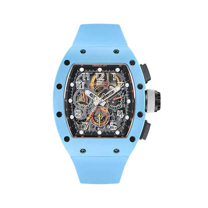 Luxury watch with a blue case and black dial on a white background