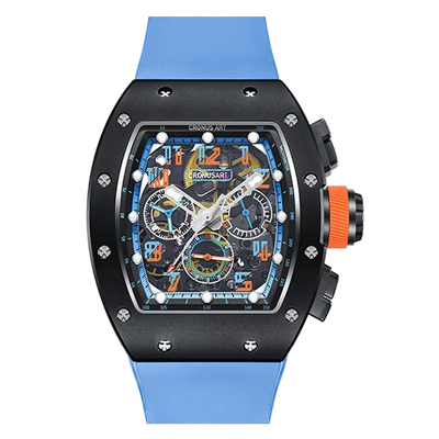 Luxury watch with a blue strap and colorful face on a white background