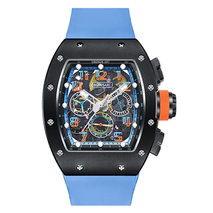 Luxury watch with a blue strap and colorful face on a white background