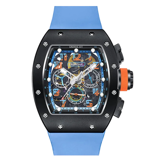Luxury watch with a blue strap and colorful face on a white background