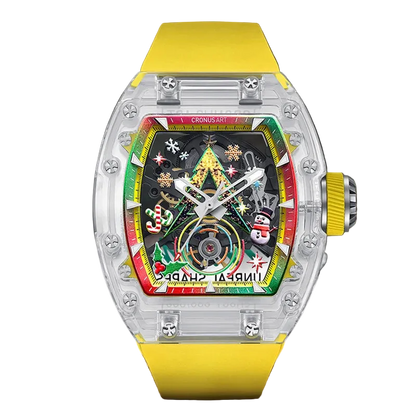 Luxury watch with a colorful face and yellow strap on a wooden surface with a blurred snowy background