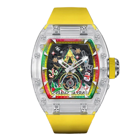 Luxury watch with a colorful face and yellow strap on a wooden surface with a blurred snowy background