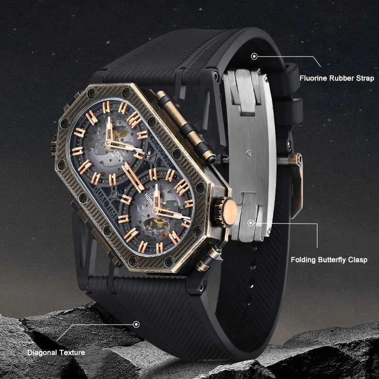Luxury watch with black rubber strap and detailed face on a dark background