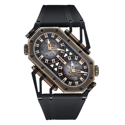 Luxury watch with black strap and bronze detailed face on white background