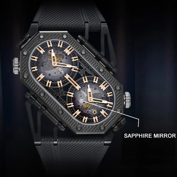 Luxury watch with black strap and sapphire mirror on a dark background