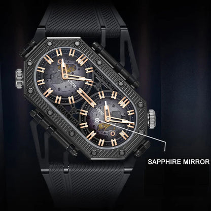 Luxury watch with black strap and sapphire mirror on a dark background