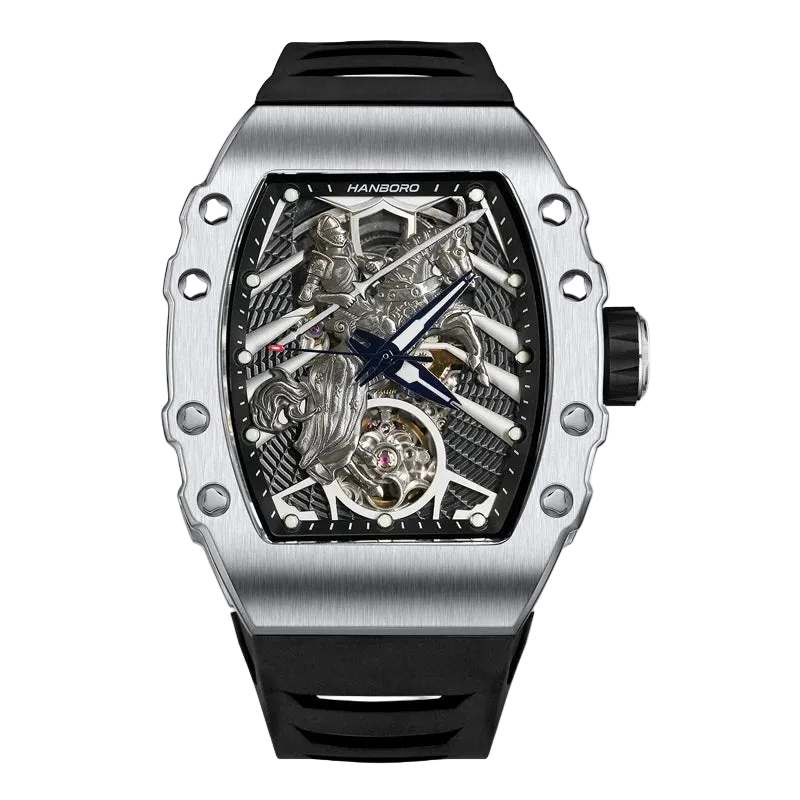 Luxury watch with black strap and transparent face on a white background