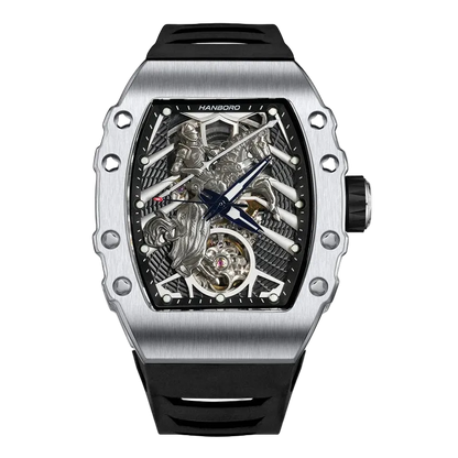 Luxury watch with black strap and transparent face on a white background