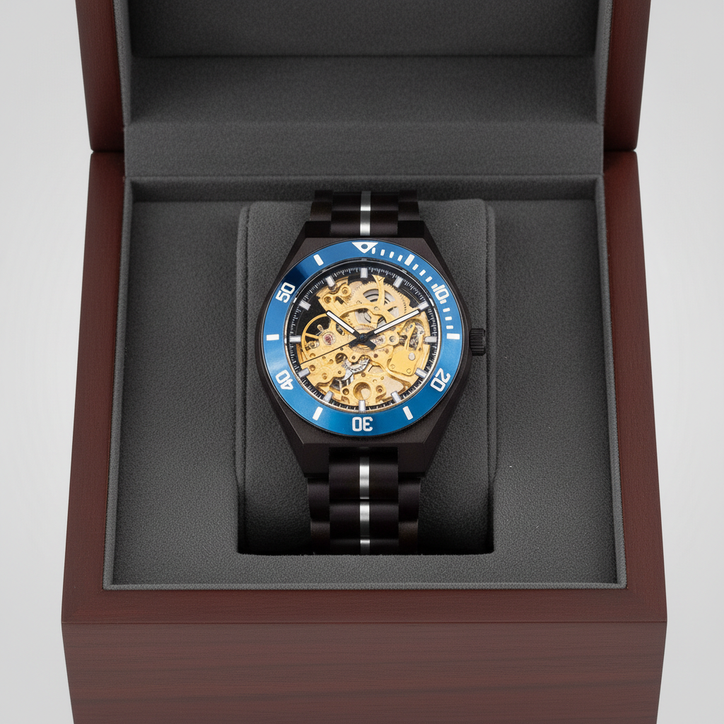 Luxury watch with blue and black strap in a wooden box
