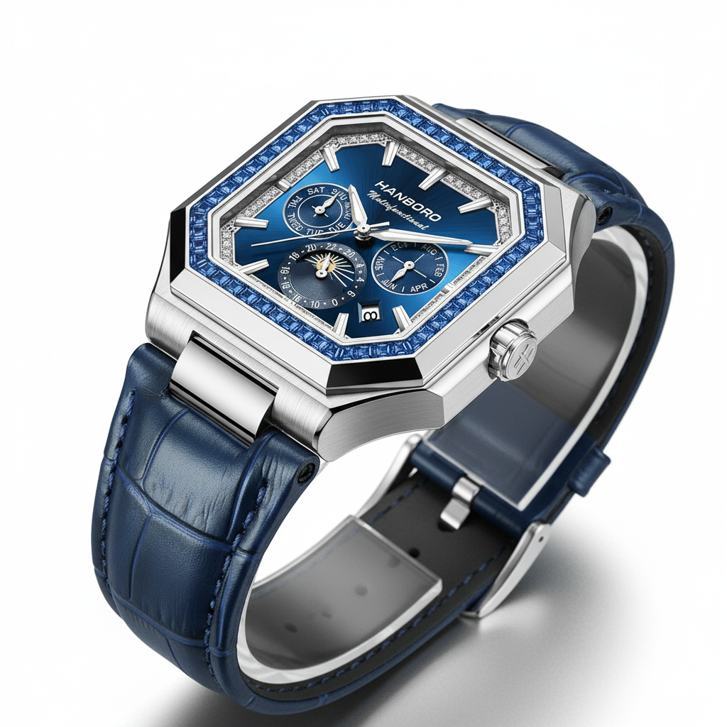 Luxury watch with blue face and strap on a white background