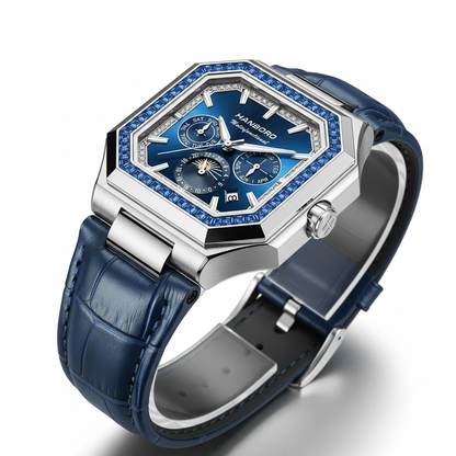 Luxury watch with blue face and strap on a white background