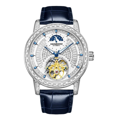 Luxury watch with blue leather strap and intricate design on a white background