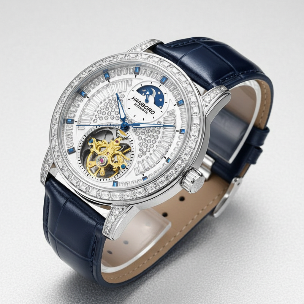 Luxury watch with blue strap and intricate design on a light gray background