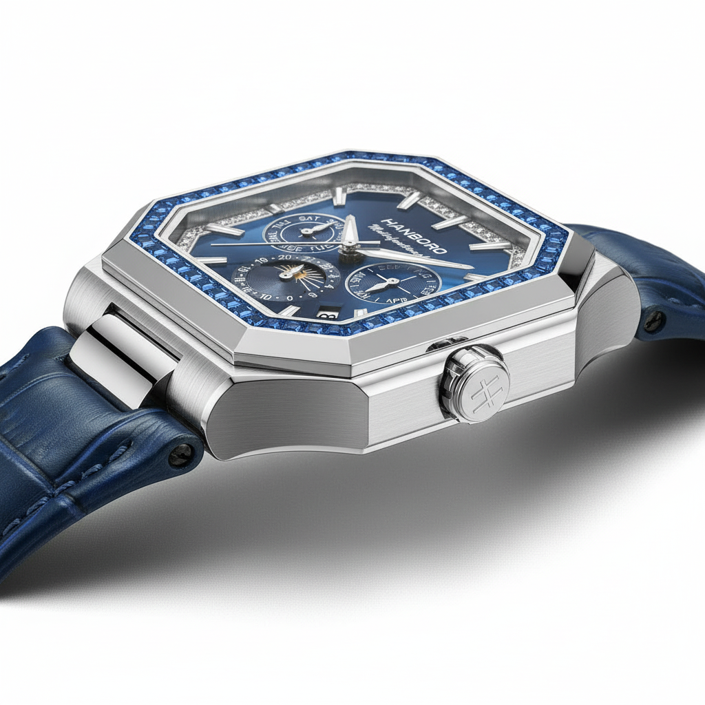 Luxury watch with blue strap and detailed face on a white background